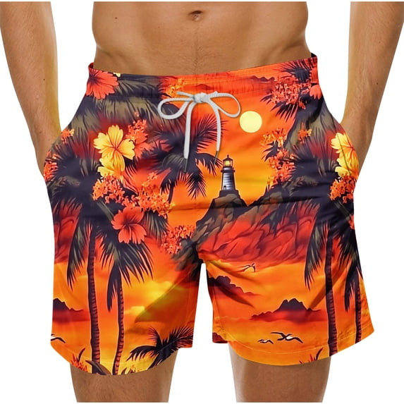Swimming Trunks Men, Mens Swim Shorts Hawaiian Floral Printed Swim Trunks Elastic Waist Board Shorts with Pockets Holiday Beach Surfing Boardshorts Summer Casual Sports Short Pants S-5XL