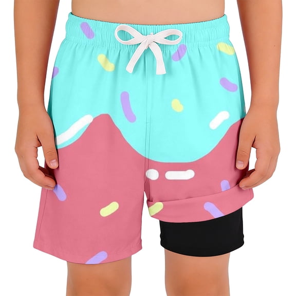 Swimming Trunks for Boys with Compression Liner Anime Cartoon Shorts Drawstring Elastic Waist Quick Dry Tropical Resort Swimwear