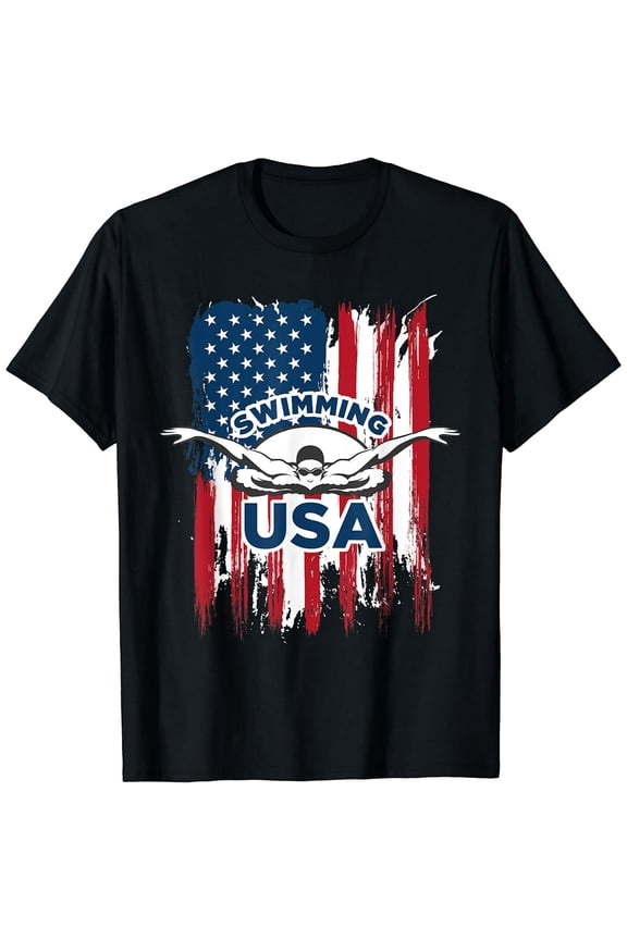 Swimming USA Support the Team USA Flag Men's Black Short Sleeve T-Shirt