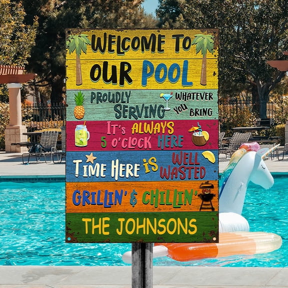 Swimming Welcome To Our Pool Metal Sign, Classic Poolside Decor, Outdoor Summer Wall Art, Size 8x12