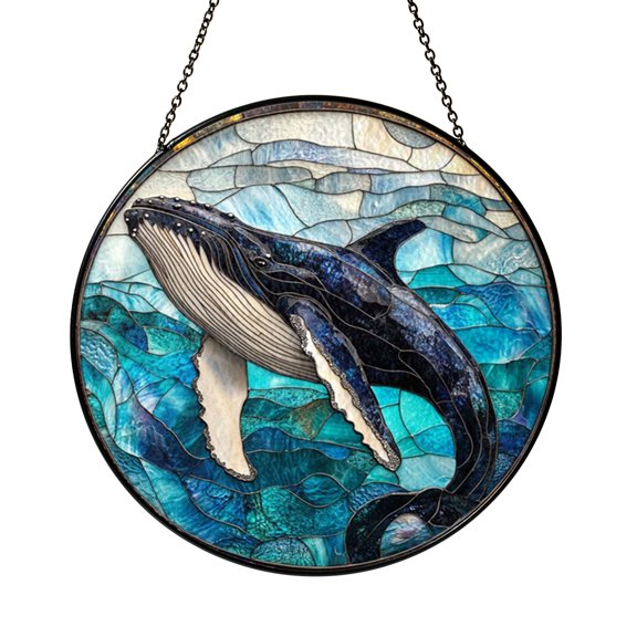 Swimming Whale Window Sun Catcher, Bright Stained Glass Style Hanging Decor, Beach Lover Gift
