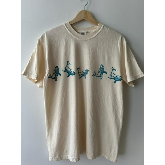 Swimming Whales Block Print Graphic TShirt - Original Linocut Design Tee