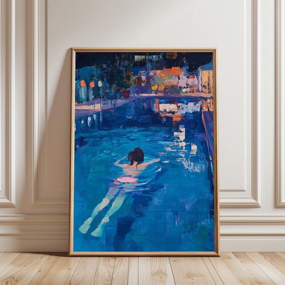 Swimming Woman Print Pool Artwork Summer Night Swimmer Decor Art, Unframed Paper Poster 8x10in
