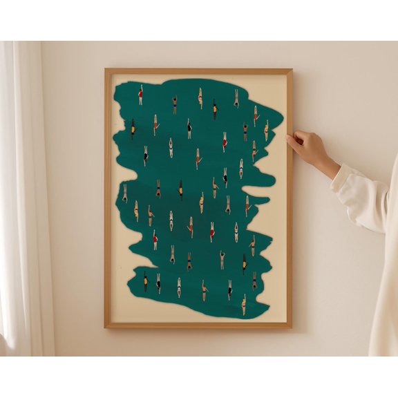 Swimming in Watercolor Art | Tiny People Swimming Pool Print | Summer Poster | Beach House Decor | Minimalist Wall Art |, 24x36 UNFRAMED