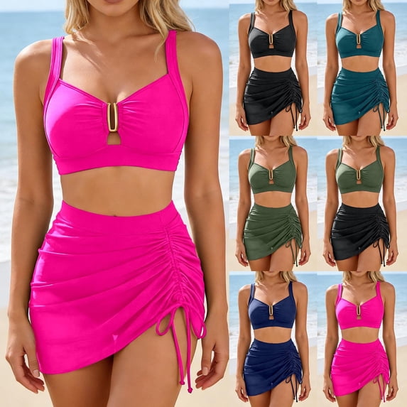 Swimsuit 2 Piece Set Women Bikini Tops High Waisted Swim Skirt Tummy Control Mesh Ruched Drawsting Bathing Suit Dark Green XL