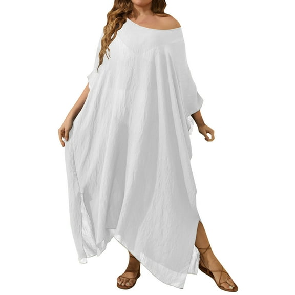 Swimsuit Beach Cover up Shirt Womens Bikini Cover up Dress Women's Solid Color Loose Maxi Dress Beach Vacation Split Hem Long Skirt