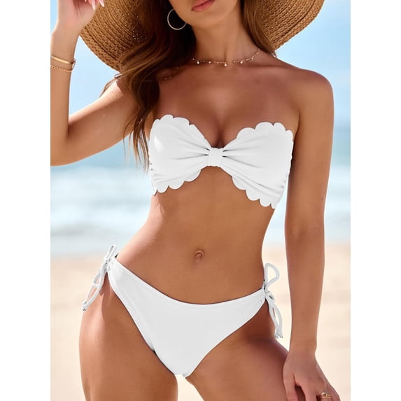 Swimsuit Bikini, Full Coverage Bikini, Two Piece Swimsuit for Women, Womens Bikini Swimsuits, Womens Wavy Edge Bandeau Bikini Strapless Tie Back Side String Bathing Suits Two Piece Swimsuit, White L