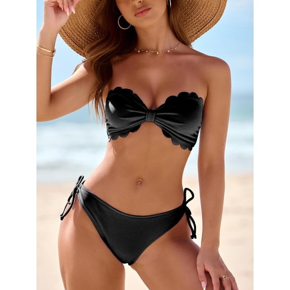 Swimsuit Bikini, Full Coverage Bikini, Two Piece Swimsuit for Women, Womens Bikini Swimsuits, Womens Wavy Edge Bandeau Bikini Strapless Tie Back Side String Bathing Suits Two Piece Swimsuit, Black L