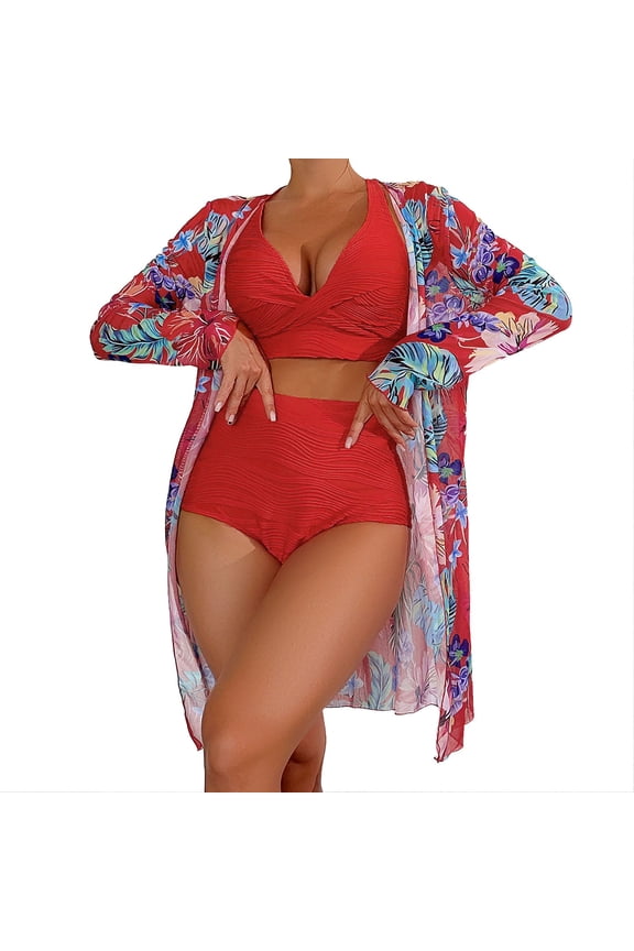 Swimsuit with Cover Up Set High Waist Bikinis 2024 3 Piece Bikini Set Cover Up Swimsuit for Women Long Sleeve Push Up Swimwear Beach Wear Bathing Suit Female Womens Swimwear Cover-ups
