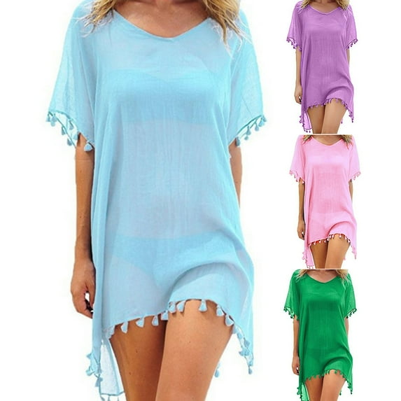 Swimsuit Cover Up Solid Color Loose See-through Tassel Bikini Dress for Holiday