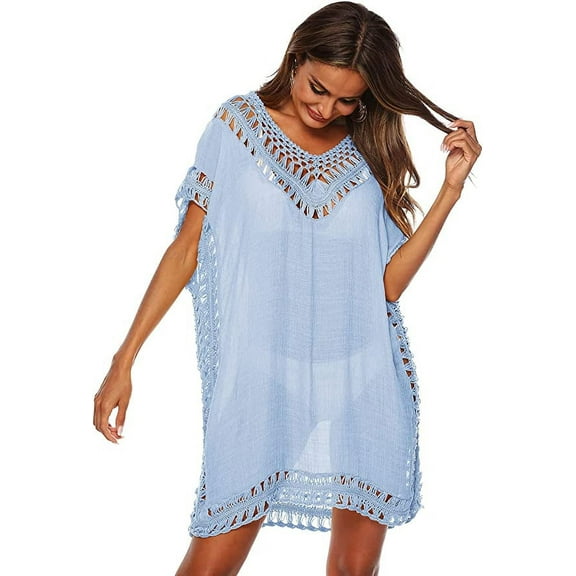 Swimsuit Cover Up Women Swimwear Bathing Suit Dress Sexy Bikini Beach Crochet Beachwear Loose Dress,Blue,One size