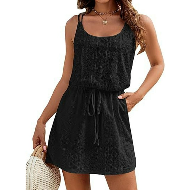 Eyelet Swimsuit Cover Up for Women Wrap Waisted Spaghetti Strap