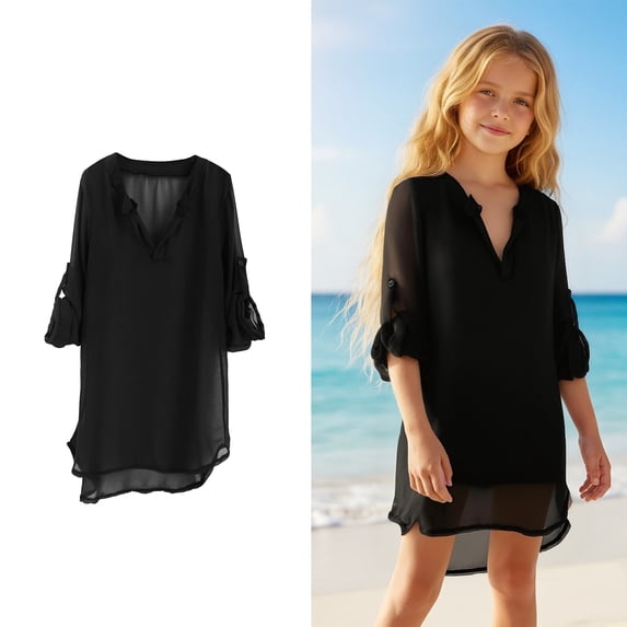 Swimsuit Cover Up for Girls Crew Neck Black Tulle Swim Cover Up Tulle Dress Girls Bathing Suits Size 8-9 Years