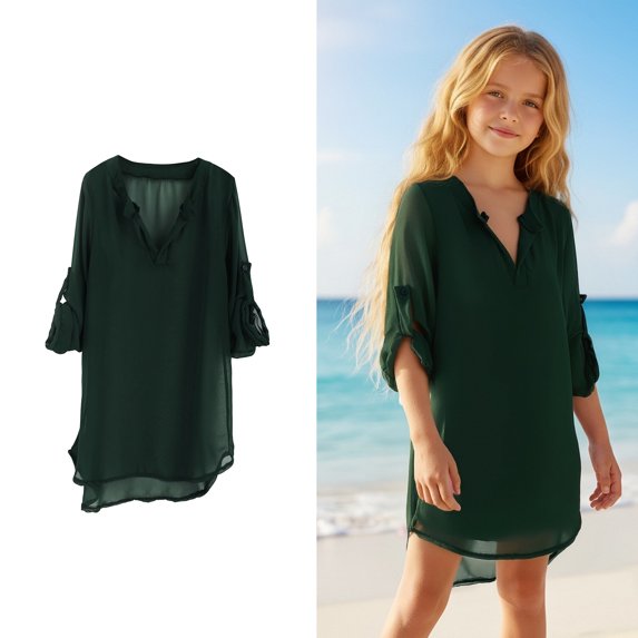 Swimsuit Cover Up for Girls Crew Neck Green Girls Tulle Cover Up Girls Tulle Dress Girls Bathing Suits Size 6-7 Years