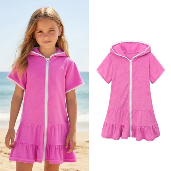 Swimsuit Cover Up for Girls Zip Up Hooded Pink Terry Cloth Beach Cover Up Girls Towel Dress Girls Swimsuit Cover Up Size 8-9 Years