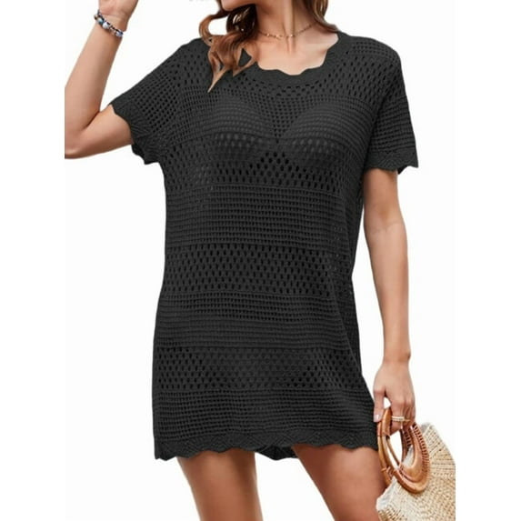 Swimsuit Cover Up for Women 2025 Crochet Bathing Suit Swimwear Mesh Knit Beach Dress Summer Clothes Black L