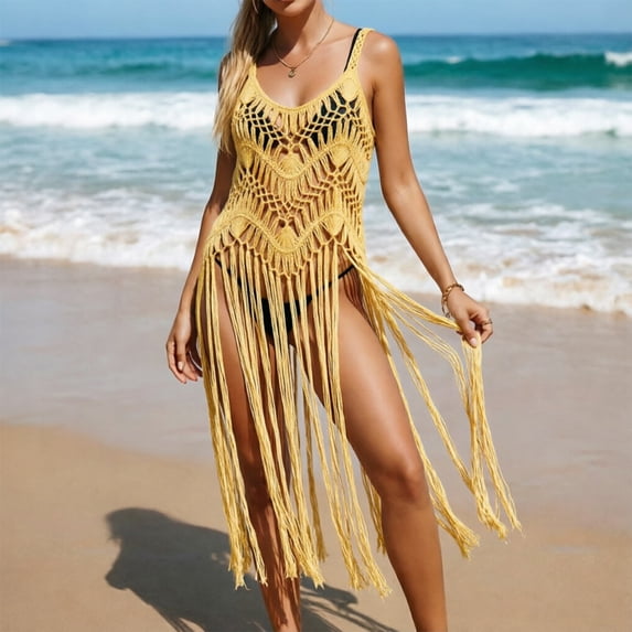 Swimsuit Cover Up for Women Boho Knit Openwork Beach Cover Up Tassel Hem Bikini for Summer Holiday