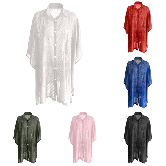 Swimsuit Cover Up for Women Plus Size Bathing Suit Cover Up Button Up Shirts Dots Splicing Casual Beach Cover Ups Summer Cover up Cardigan 2XL