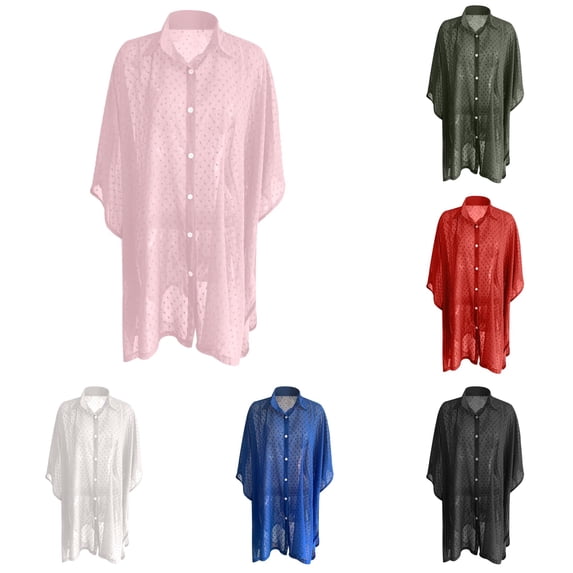 Swimsuit Cover Up for Women Plus Size Bathing Suit Cover Up Button Up Shirts Dots Splicing Casual Beach Cover Ups Summer Cover up Cardigan L