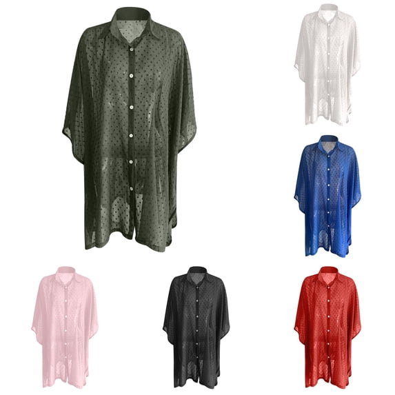 Swimsuit Cover Up for Women Plus Size Bathing Suit Cover Up Button Up Shirts Dots Splicing Casual Beach Cover Ups Summer Cover up Cardigan M