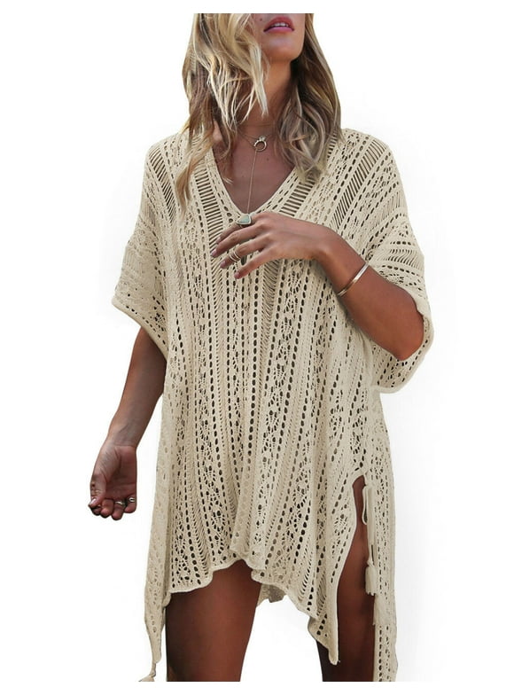 Swimsuit Cover Up for Women Summer Sexy Hollow Out Seethrough Crochet Bathing Suit Cover Up Swimwear Beach Cover Up with Tassel Shermie