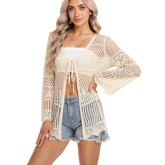 Swimsuit Cover Up for Women Tied Open Front Cardigans Beach Cover Up Long Sleeve Crochet Swim Cover Ups Shermie