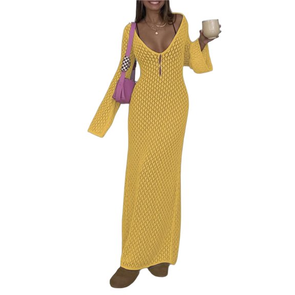 Swimsuit Cover Up for Women V Neck Hollow Out Backless Maxi Dress Beach Bikini Coverup Dresses Earthy Yellow L