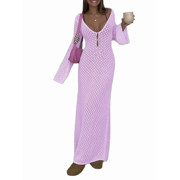 Swimsuit Cover Up for Women V Neck Hollow Out Backless Maxi Dress Beach Bikini Coverup Dresses Purple S