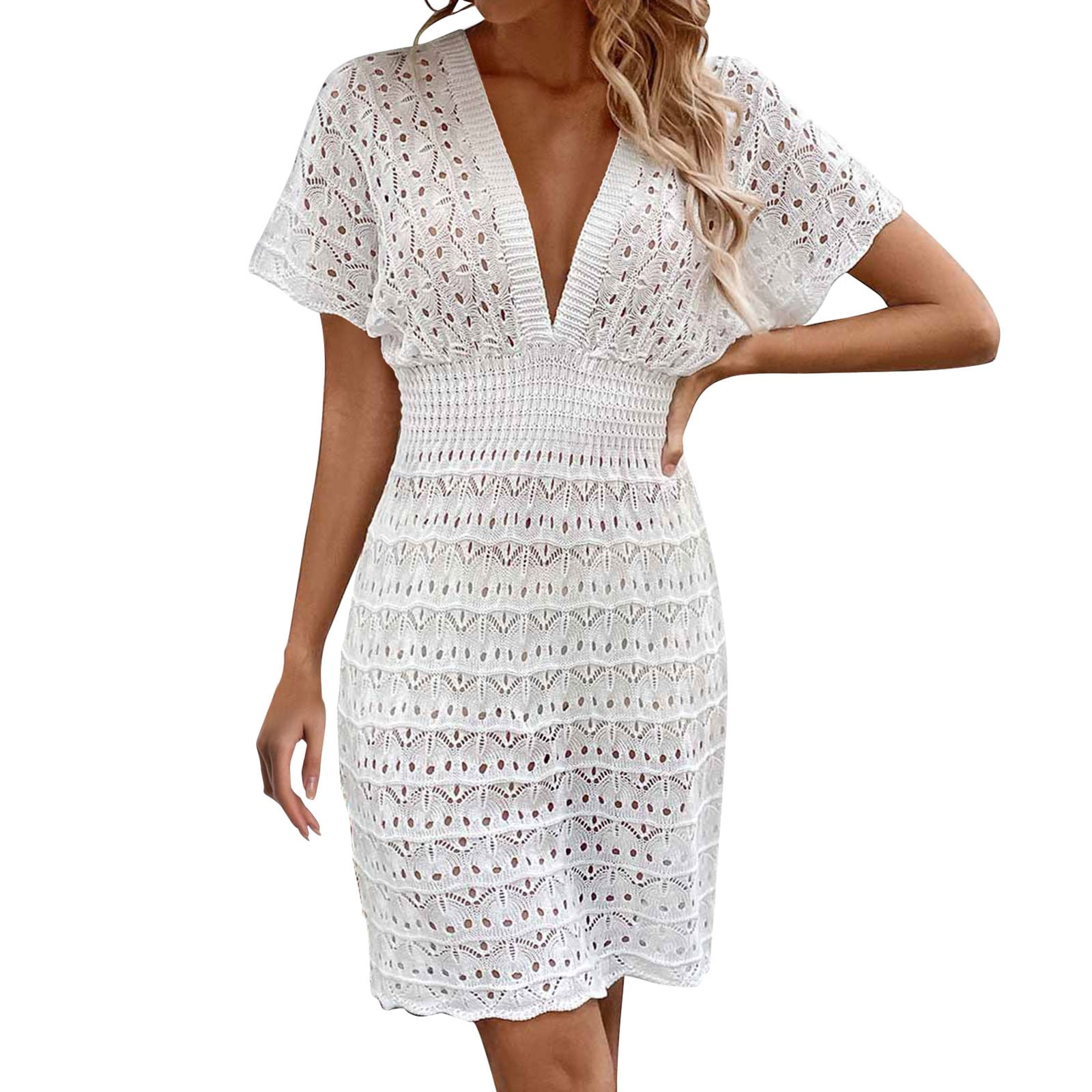 GAQLIVE Swimsuit Cover Ups Dress Deep V Neck Beach Dresses Hollow Out Wave Pattern Crochet ...
