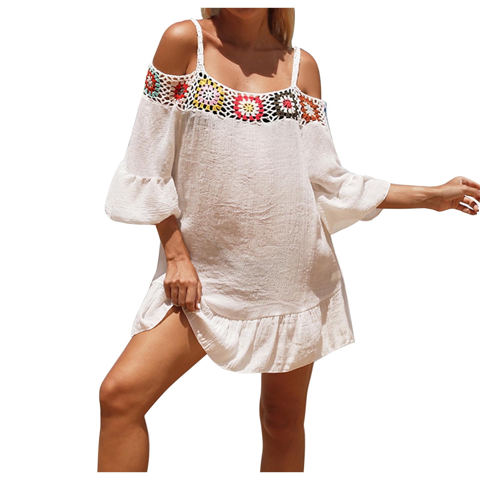 Swimsuit Cover Ups Women Crochet Cold Shoulder Bikini Summer Beach Coverups Dress for Swimwear Bathing Suit