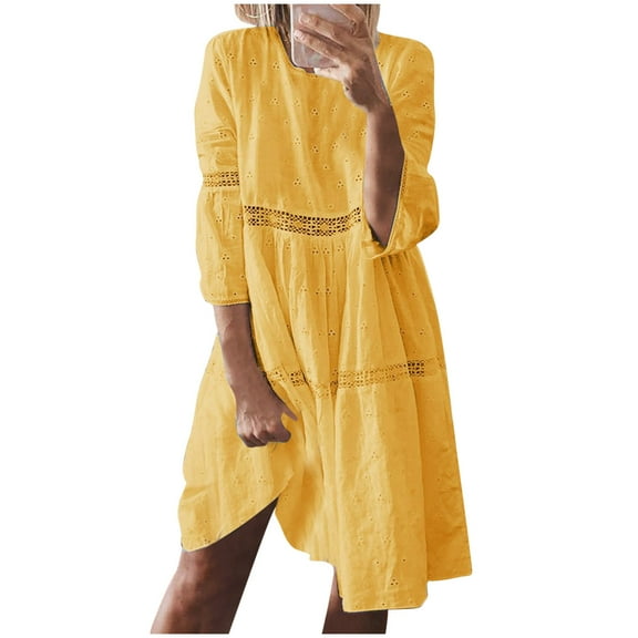 Swimsuit Cover Ups for Women 3/4 Sleeve Beach Dress Boho Style Lace Hollow Out Loose Flowy Sundresses