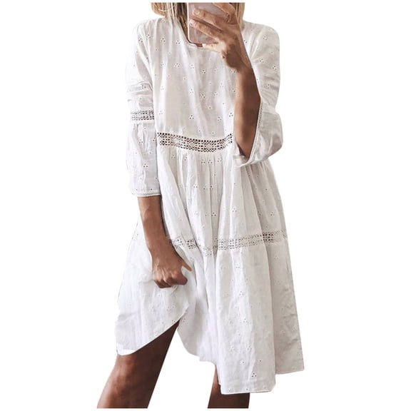 Swimsuit Cover Ups for Women 3/4 Sleeve Beach Dress Boho Style Lace Hollow Out Loose Flowy Sundresses