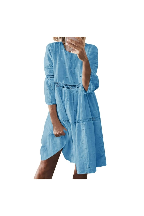 Swimsuit Cover Ups for Women 3/4 Sleeve Beach Dress Boho Style Lace Hollow Out Loose Flowy Sundresses