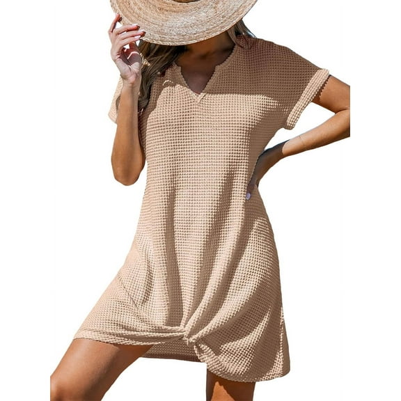 Swimsuit Cover Ups for Women Short Sleeve Bathing Suit Casual Bikini Swimwear Beach Cover Up Dress S-XXL Khaki XXL