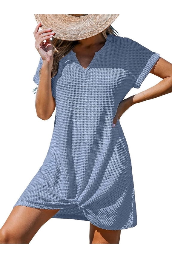 Swimsuit Cover Ups for Women Short Sleeve Bathing Suit Casual Bikini Swimwear Beach Cover Up Dress S-XXL Light Blue M