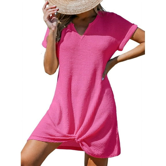 Swimsuit Cover Ups for Women Short Sleeve Bathing Suit Casual Bikini Swimwear Beach Cover Up Dress S-XXL Rose Red XL