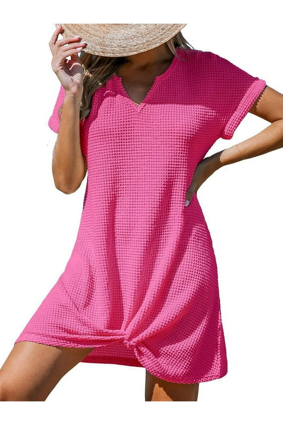 Swimsuit Cover Ups for Women Short Sleeve Bathing Suit Casual Bikini Swimwear Beach Cover Up Dress S-XXL Rose Red XL