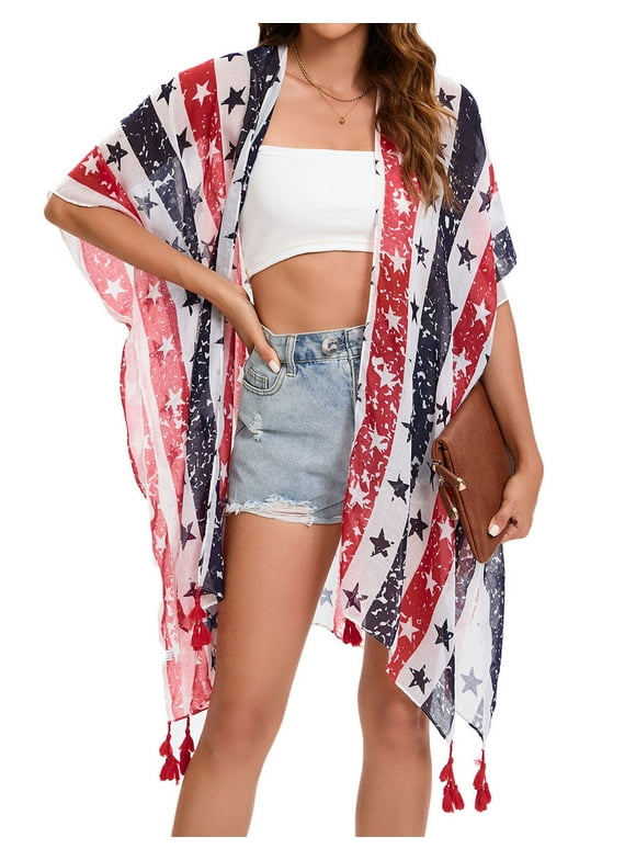 Swimsuit Cover up for Women 4th of July American Flag Chiffon Kimonos Beach Coverups for Bathing Suit Swimwears Shermie