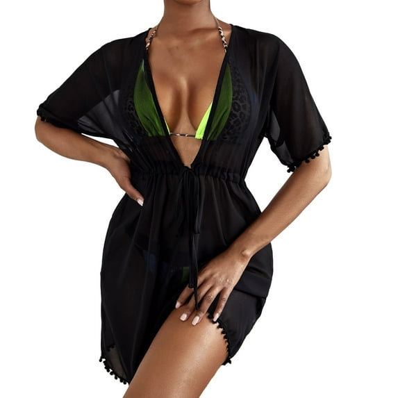 Swimsuit Coverup For Women Plus Size Sheer Mesh Shorts Beach Beach Wrap Bikini Wraps Solid Pom Sheer Chiffon Bathing Suit Cover Ups