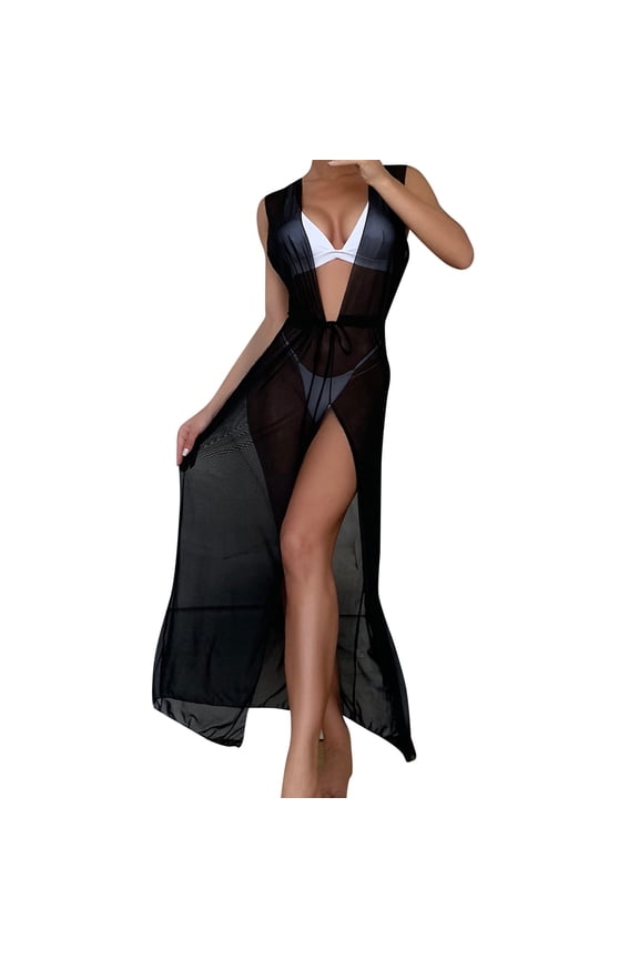 Swimsuit Coverup For Women Bikini Drawstring Waist Knot Mesh Without Lingerie V-Neck Split Fork Dress Beach Wrap Bikini Shiny Wraps Swimwear Bathing Suit Cover Ups