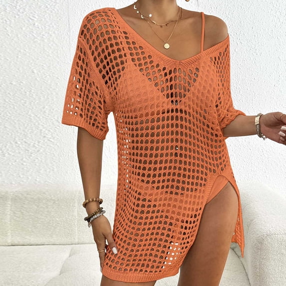 Swimsuit Coverup for Women Cover Ups for Swimwear Women Swim Cover Up for Women Swim Coverups for Women 2025 Womens Solid Color V Neck Short Sleeve Split Fork Hollow Out Bikini Smock