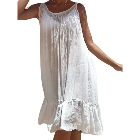 Swimsuit Coverup for Women 2025 Vacation Beach Cover Ups Spaghetti Straps Bathing Suit Cover Up Sundress White S