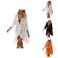 thumbnail image 1 of Swimsuit Coverup for Women 3/4 Sleeve Deep V Neck Tie Waist A Line Ruffle Flowy Knee Length Dress Beach Cover Up, 1 of 6
