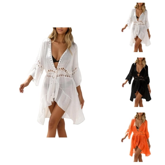 Swimsuit Coverup for Women 3/4 Sleeve Deep V Neck Tie Waist A Line Ruffle Flowy Knee Length Dress Beach Cover Up