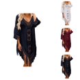 thumbnail image 1 of Swimsuit Coverup for Women 3/4 Sleeve V Neck Tassel Hem Crochet Loose Midi Dress Beach Cover Up Bathing Suit Dress, 1 of 4