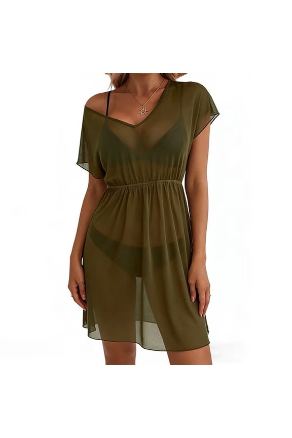 Swimsuit Coverup for Women Bathing Suit Mesh Cover Up Casual Vacation V-Neck Short Sleeve Swimwear Beach Dress