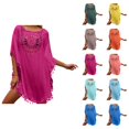 thumbnail image 1 of Swimsuit Coverup for Women Batwing Sleeve Crewneck Tassel Hem Crochet Loose Beach Cover Up Dress Bathing Suit Dress, 1 of 6
