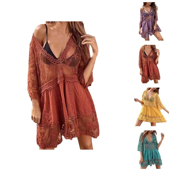 Swimsuit Coverup for Women Boho Lace Half Sleeve V Neck Loose Flowy Mini Dress Beach Cover Up Bathing Suit Dress