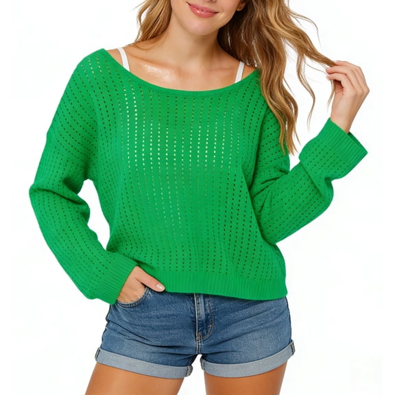 Swimsuit Coverup for Women Crochet Sweaters Big U collar Cute Beach Vacation Clothes Long Sleeve