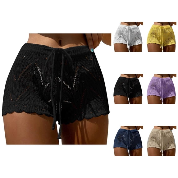 Swimsuit Coverup for Women Elastic High Waist Drawsting Wave Hem Crochet Knit Shorts Beach Cover Up